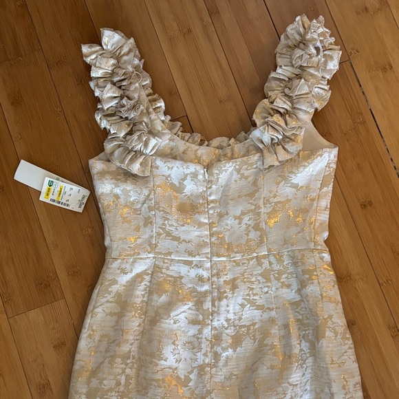 Chic Cream and Gold Ruffle Midi Dress - Picture 5 of 6